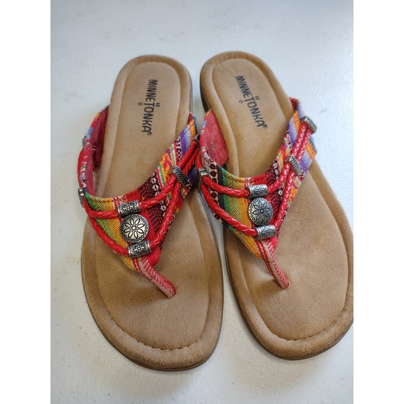 Minnetonka Beaded Embellished Thong Sandals Red Multi Color Women‎ US 6 - Picture 2 of 5